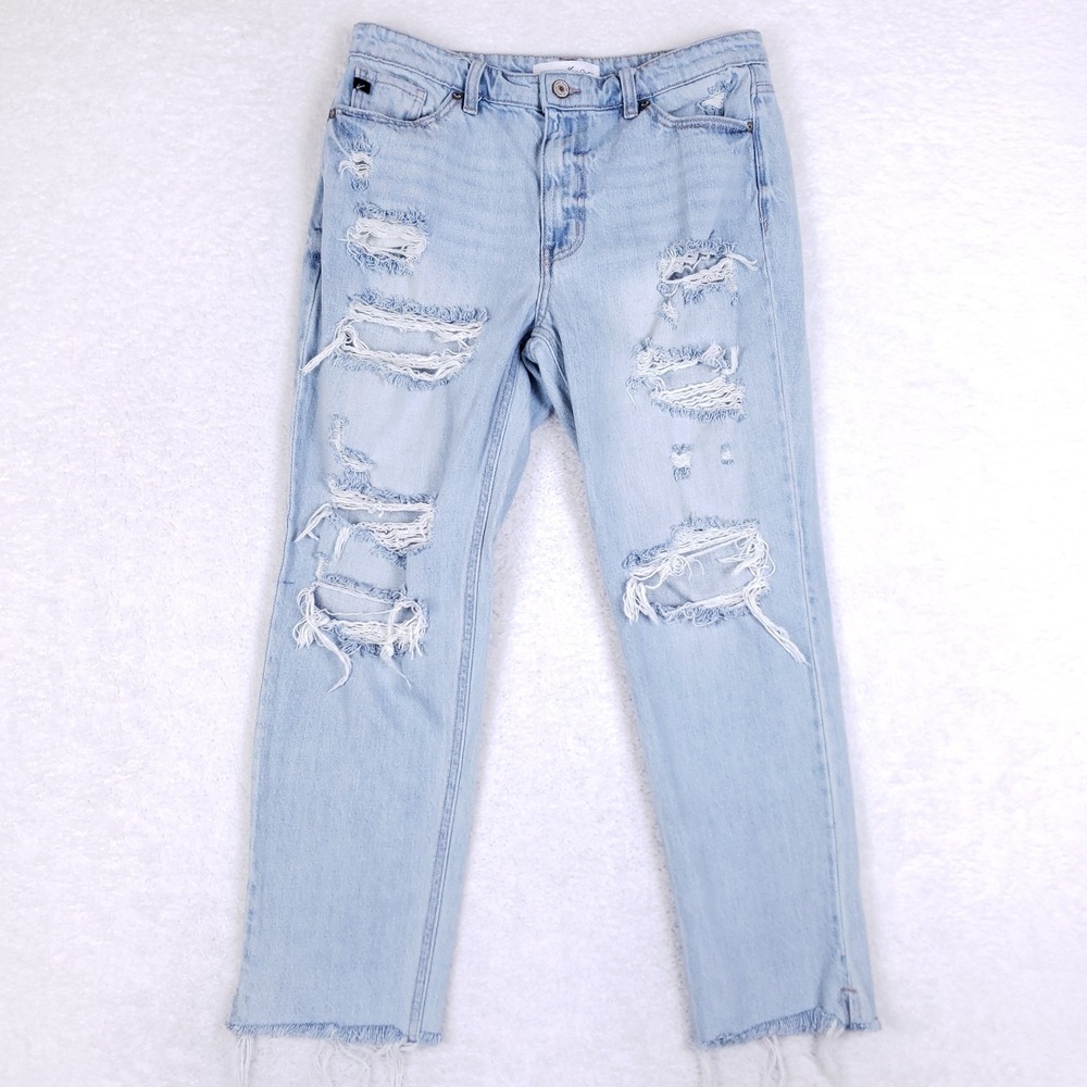 KanCan Distressed Mom Jeans Women's 9/28 Light Wash‎ Rigid Cotton Raw Hem